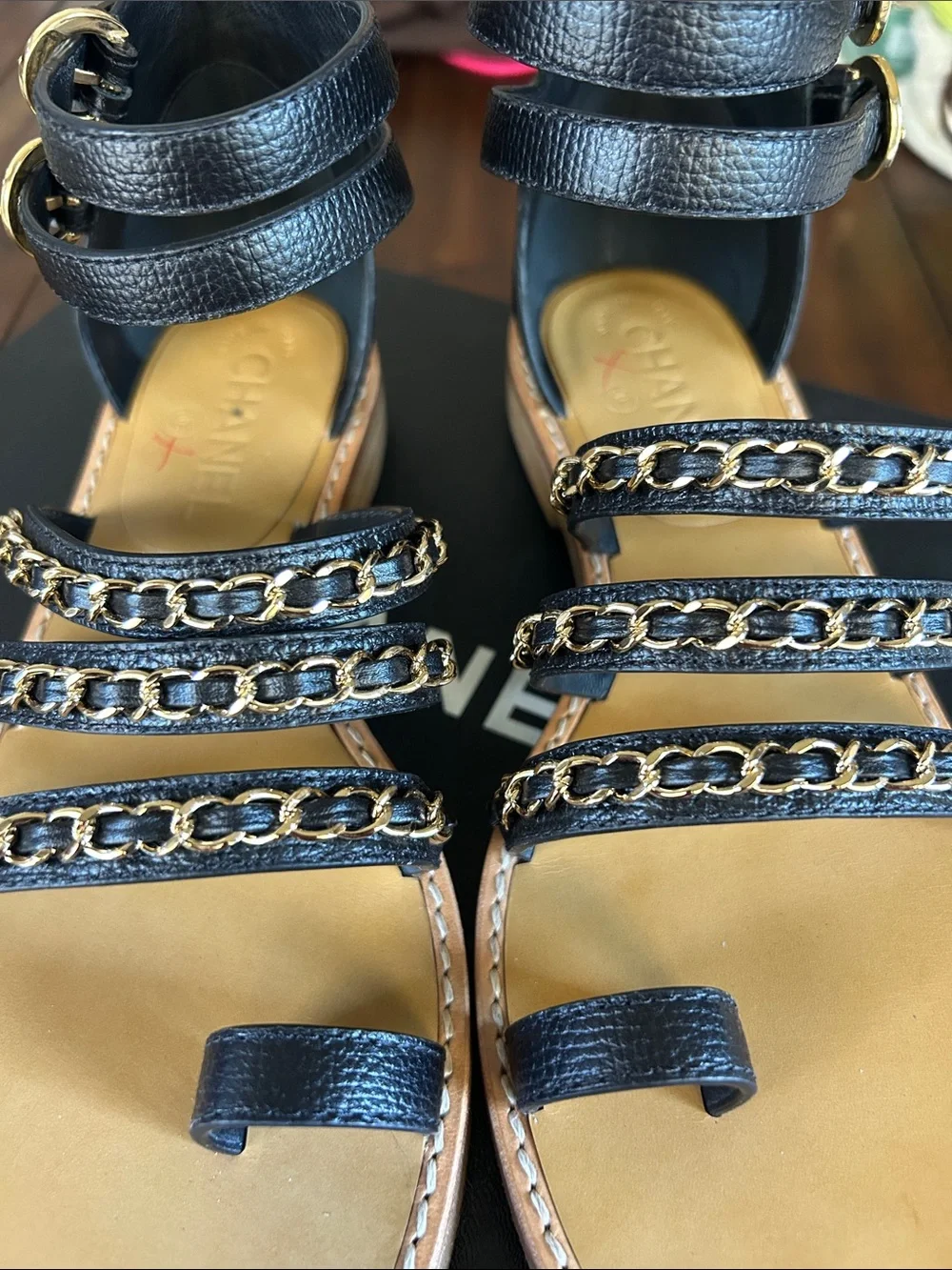 CHANEL Black Leather Chain-Strap Multi-Band Sandals